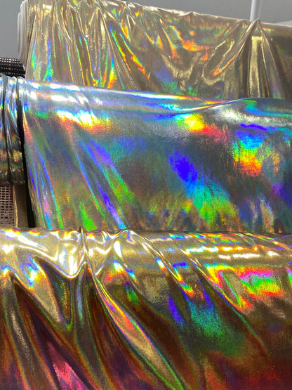 New Iridescent metallic foil on poly spandex medium weight 2-way stretch 58/60” Sold by the YD. Ships worldwide from Los Angeles California.