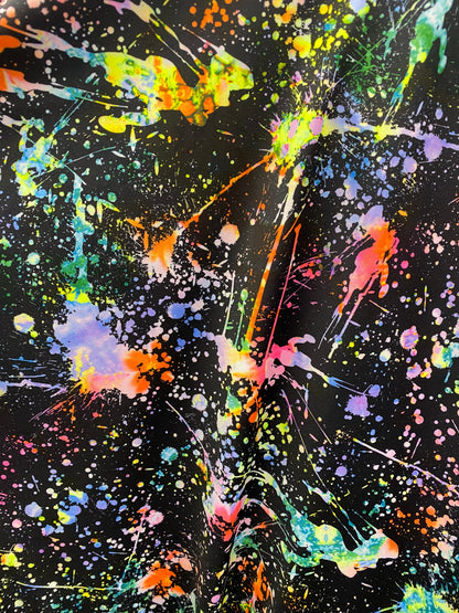 New splatter paint design print on nylon spandex 4-way stretch 58/60” Sold by the YD. Ships worldwide from Los Angeles California USA.