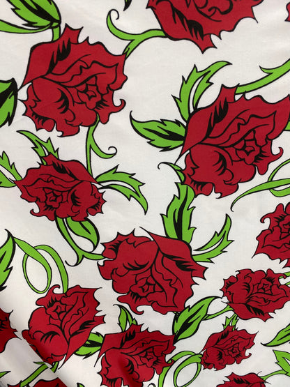 New Red  flower design print on nylon spandex 4-way stretch 58/60” Sold by the YD. Ships worldwide from Los Angeles California USA.