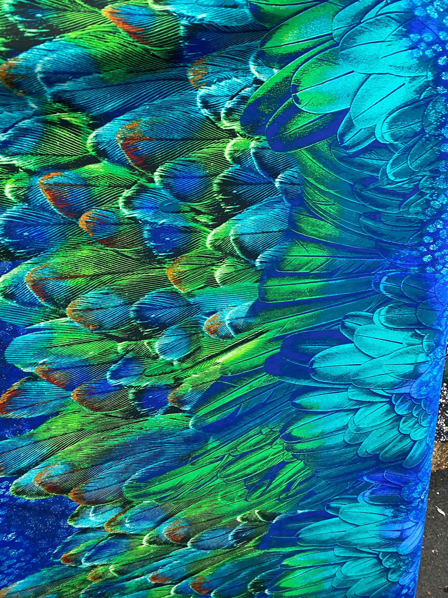 New peacock feathers design print on nylon spandex 4-way 58/60” Sold by the YD. Ships worldwide from Los Angeles California USA.