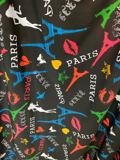 New Poly print spandex Paris design Black/Multicolor 2-way stretch 58/60” Sold by the YD. Ships worldwide from Los Angeles California USA.