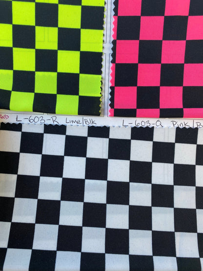 New poly spandex checkers design 4-way stretch 58/60” Sold by the YD. Ships worldwide from Los Angeles California USA.