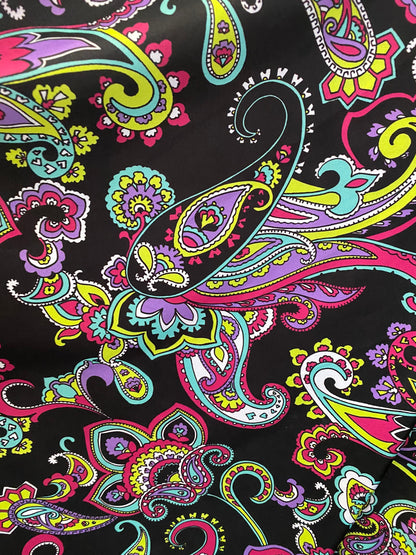 New paisley design print on poly spandex 4-way stretch 58/60” Sold by the YD. Ships worldwide from Los Angeles California USA.