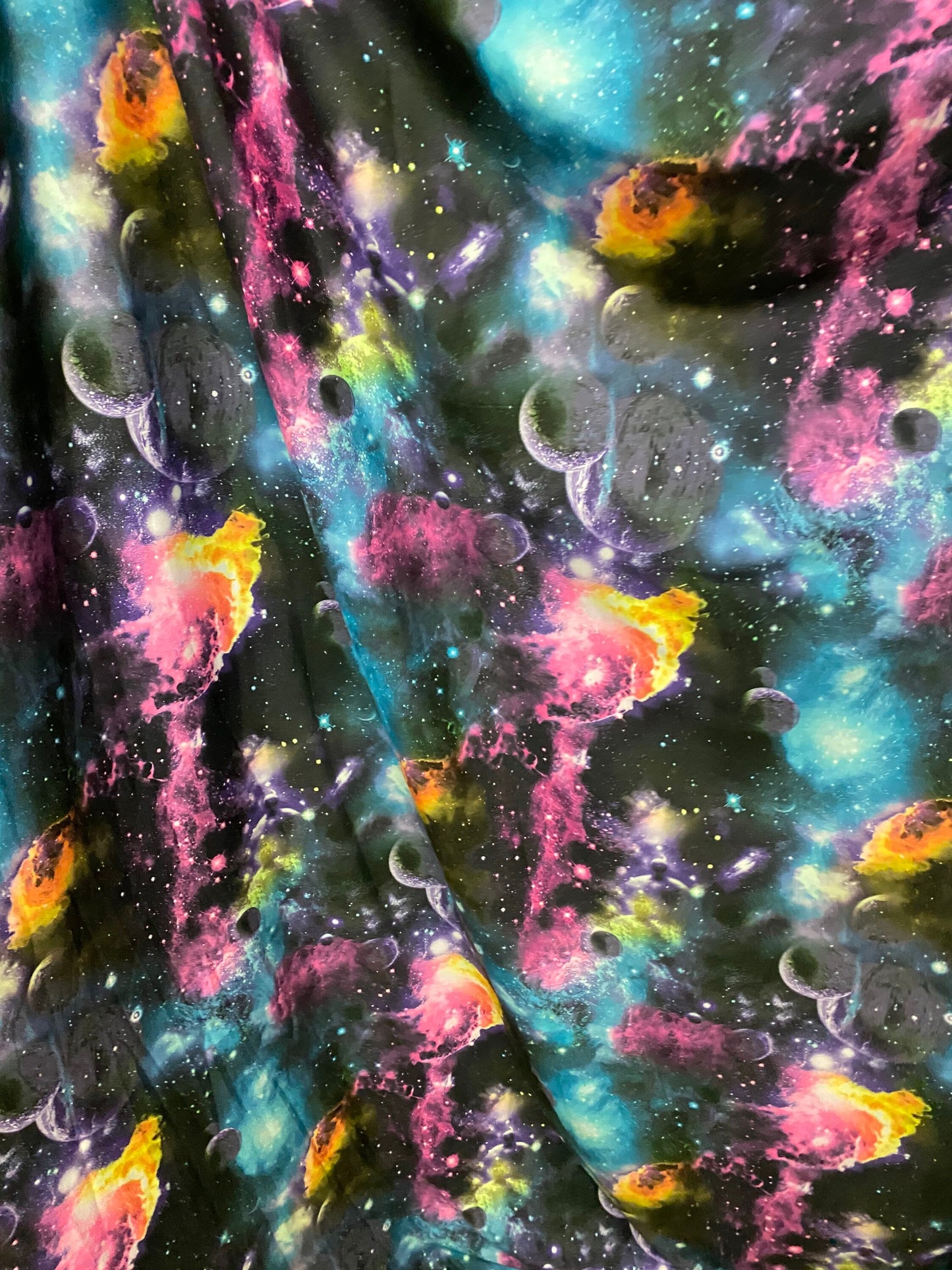 New Galaxy design multicolor print on poly spandex light weight 4-way stretch 58/60” Sold by the YD. Ships worldwide from Los Angeles CA USA