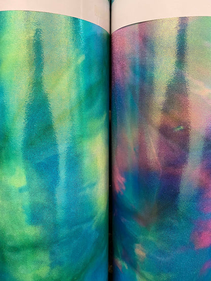 New tie dye foggy foil metallic nylon spandex 4-way stretch 58/60” Sold by the YD. Ships worldwide from Los Angeles California