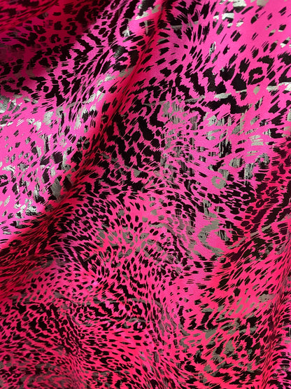 New Exotic animal print metallic nylon spandex pink/black 4-way stretch 58/60” Sold by the YD. Ships worldwide from Los Angeles California.