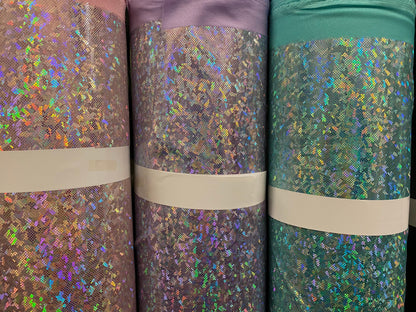 New shattered glass hologram metallic nylon Spandex 4-way Stretch 58/60” Sold by the YD. Ships worldwide from Los Angeles California USA.