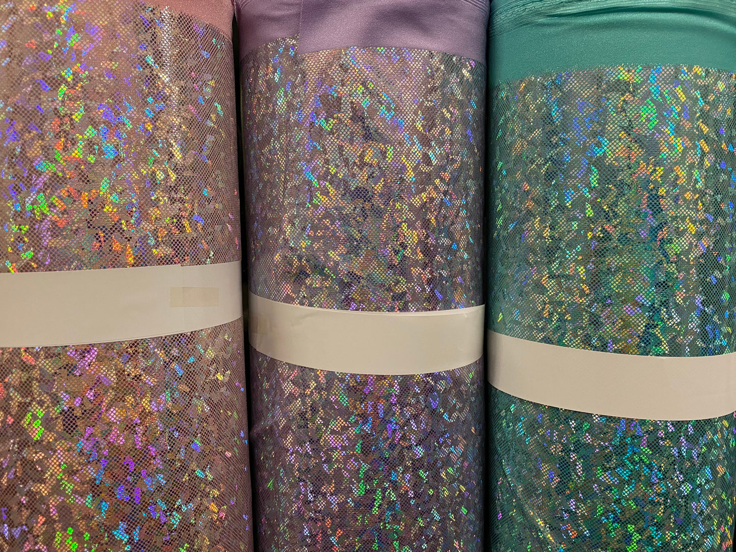 New shattered glass hologram metallic nylon Spandex 4-way Stretch 58/60” Sold by the YD. Ships worldwide from Los Angeles California USA.