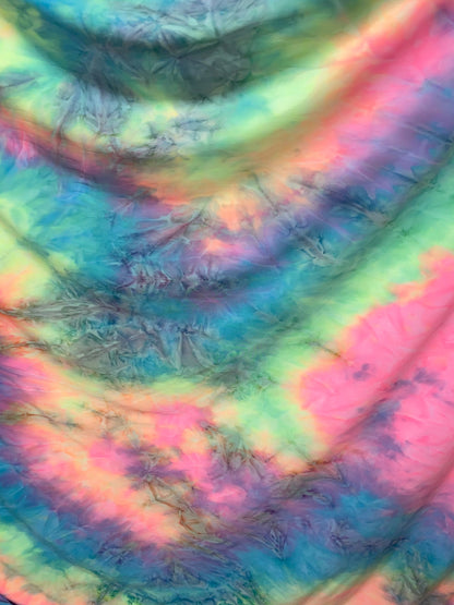 New tie dye poly spandex pastel colors 2-way stretch medium weight 58/60” Sold by the YD. Ships worldwide from Los Angeles California USA.