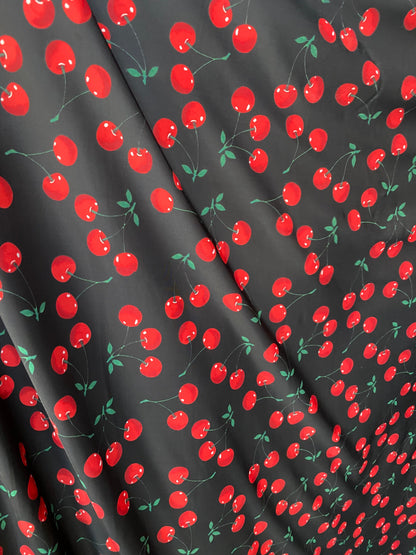 New print nylon spandex cherry design 4-way stretch 58/60” Sold by the YD. Ships worldwide from Los Angeles California USA.