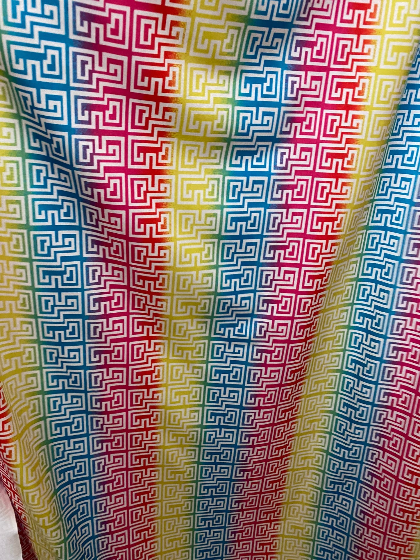 New Geometric rainbow design print on nylon spandex 4-way stretch 58/60” Sold by the YD. Ships worldwide from Los Angeles California USA.