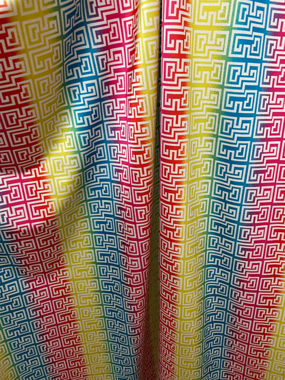 New Geometric rainbow design print on nylon spandex 4-way stretch 58/60” Sold by the YD. Ships worldwide from Los Angeles California USA.