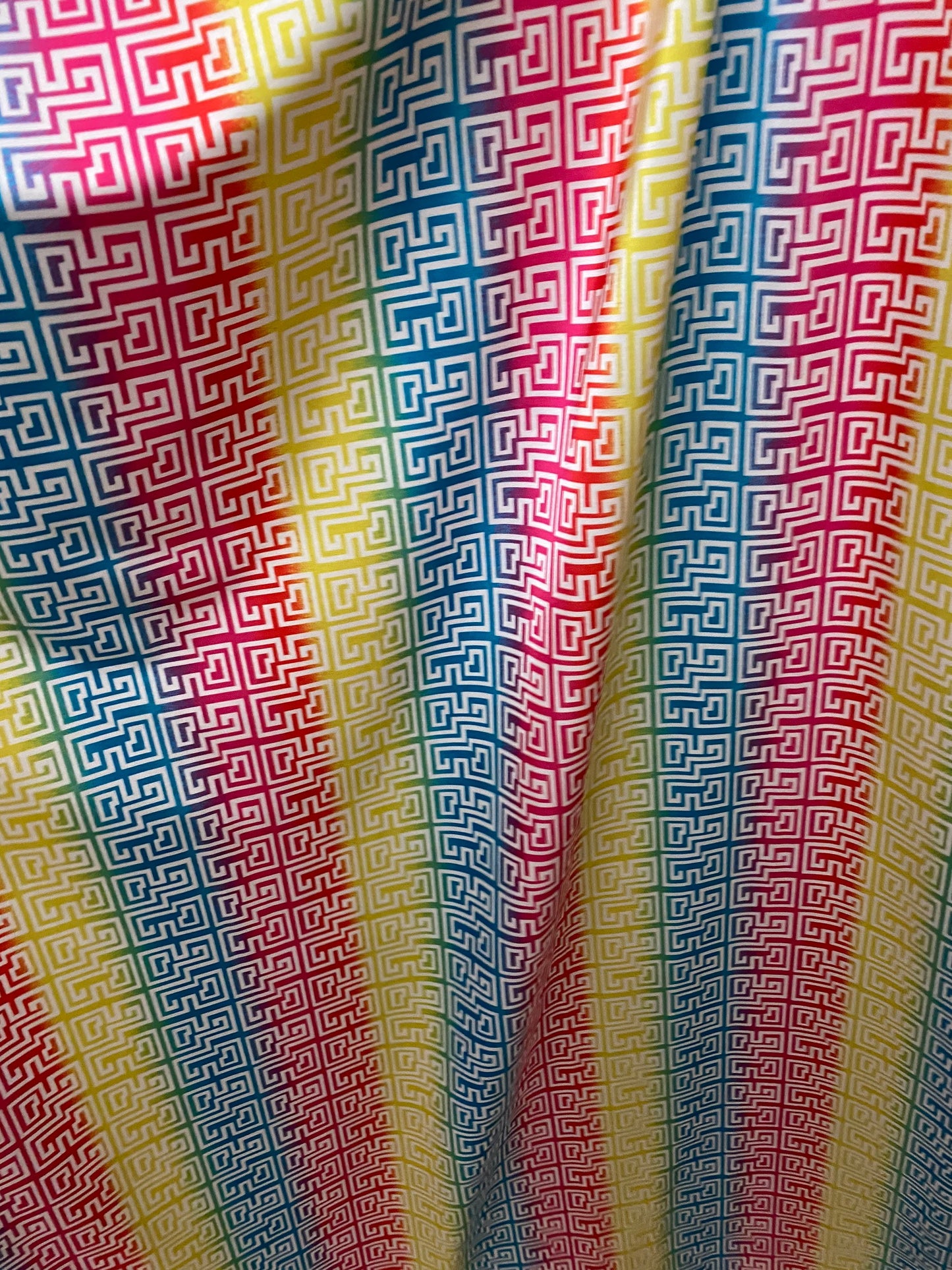 New Geometric rainbow design print on nylon spandex 4-way stretch 58/60” Sold by the YD. Ships worldwide from Los Angeles California USA.