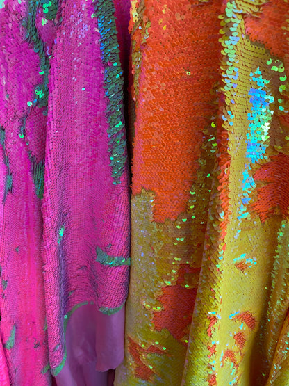 New mermaid sequins neon colors flip up reversible sequins on spandex 2-way stretch 58/60” Sold by the YD. Ships worldwide from Los Ángeles.