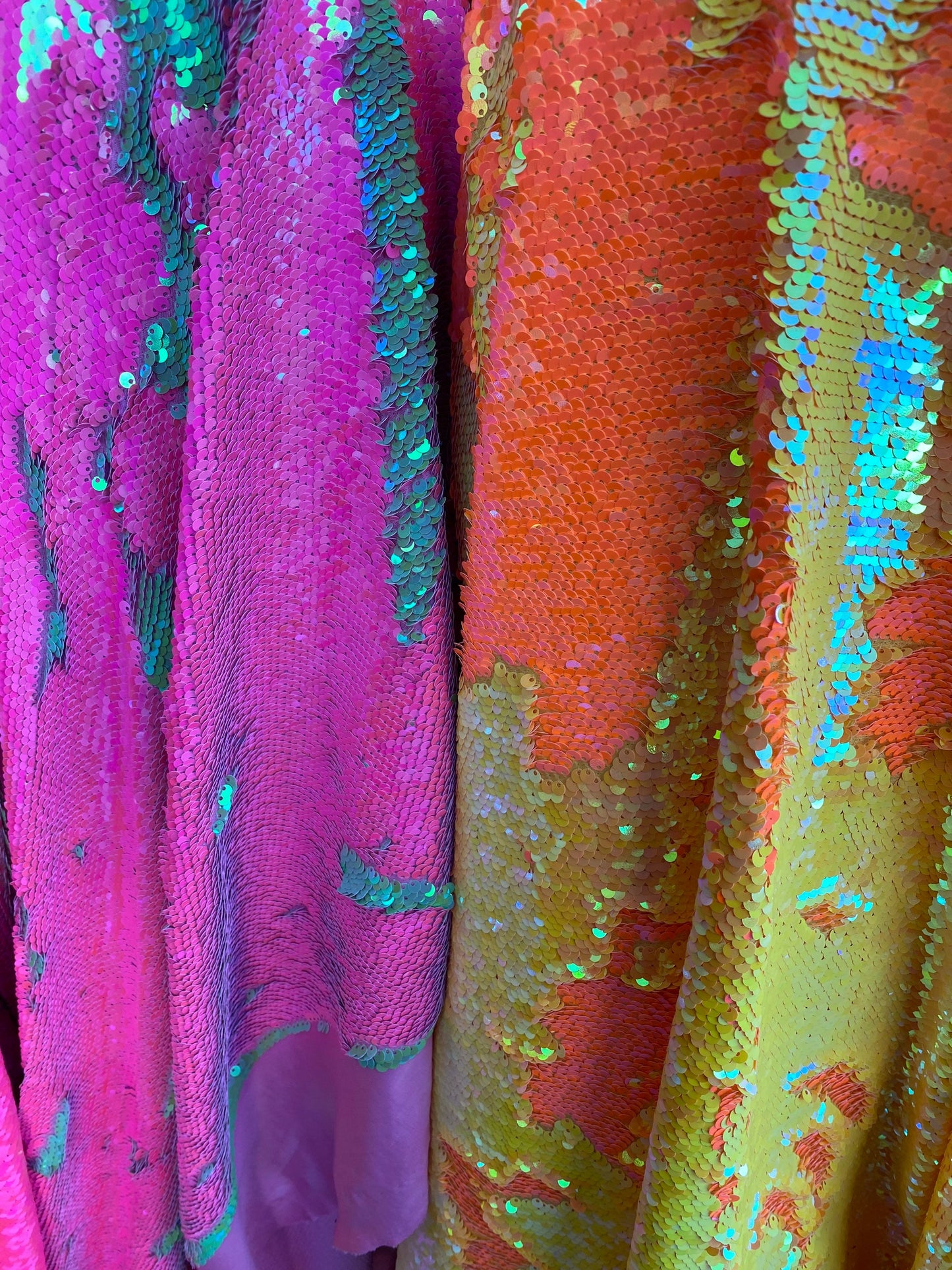 New mermaid sequins neon colors flip up reversible sequins on spandex 2-way stretch 58/60” Sold by the YD. Ships worldwide from Los Ángeles.