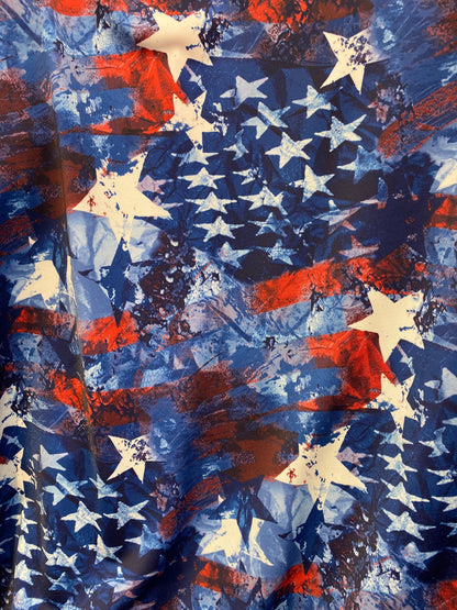 New patriotic star design print on nylon spandex 4-way stretch 58/60” Sold by the YD. Ships worldwide from Los Angeles California USA.