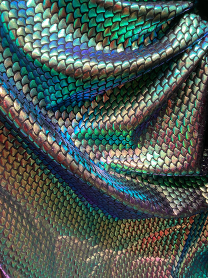 New iridescent green small mermaid design metallic hologram spandex 4-way stretch 58/60” Sold by the YD. Ships worldwide from Los Angeles CA