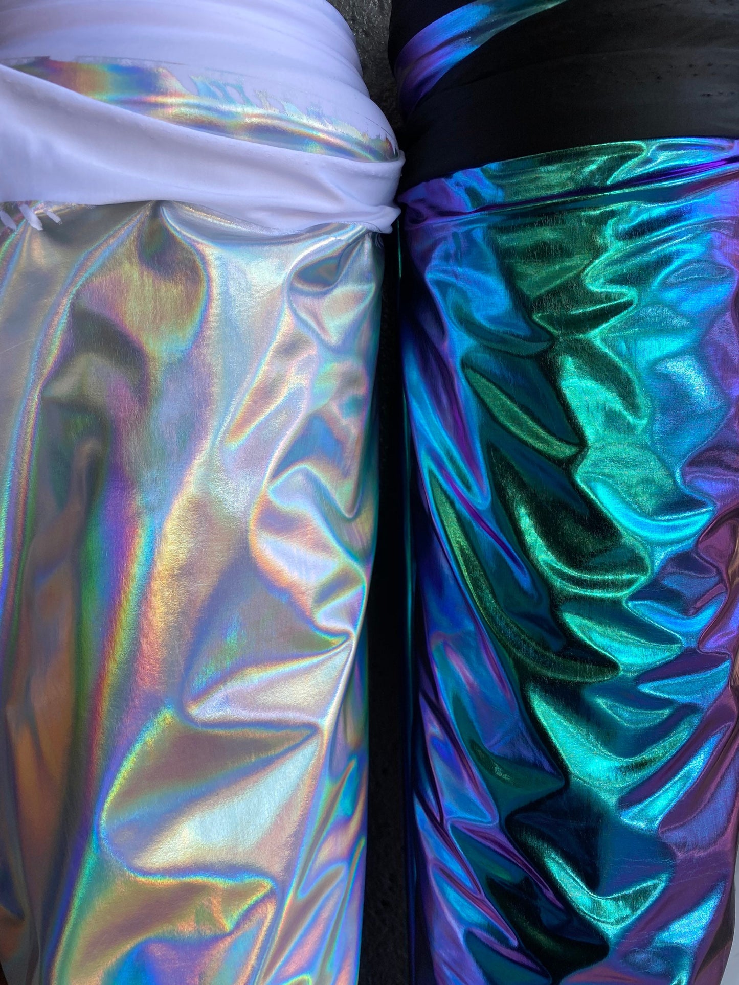 Luxury Iridescent all over foil metallic nylon spandex 4-way stretch 58/60” Sold by the YD. Ships worldwide from Los Angeles California USA.