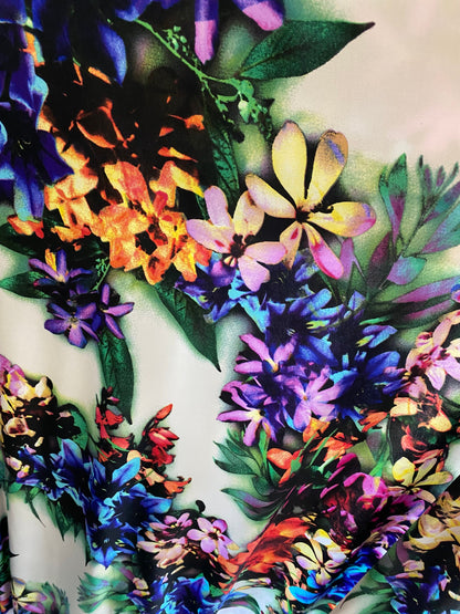 New poly spandex flower print medium weight 2-way stretch 58/60” Sold by the YD. Ships worldwide from Los Angeles California USA.