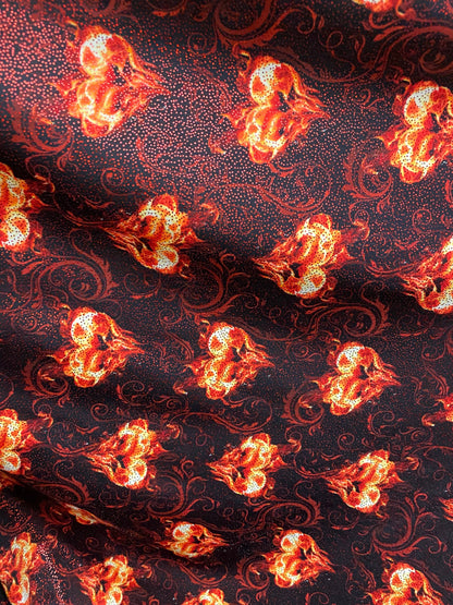 Fire Hot Desire design print nylon spandex with  metallic foil all over 4-way stretch 58/60” Sold by the YD. Ships worldwide from L.A CA USA