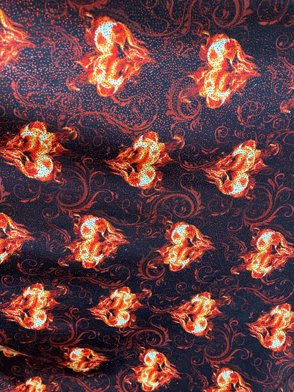 Fire Hot Desire design print nylon spandex with  metallic foil all over 4-way stretch 58/60” Sold by the YD. Ships worldwide from L.A CA USA