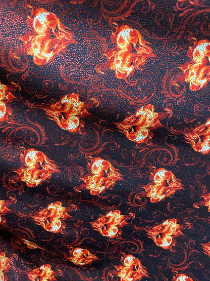 Fire Hot Desire design print nylon spandex with  metallic foil all over 4-way stretch 58/60” Sold by the YD. Ships worldwide from L.A CA USA