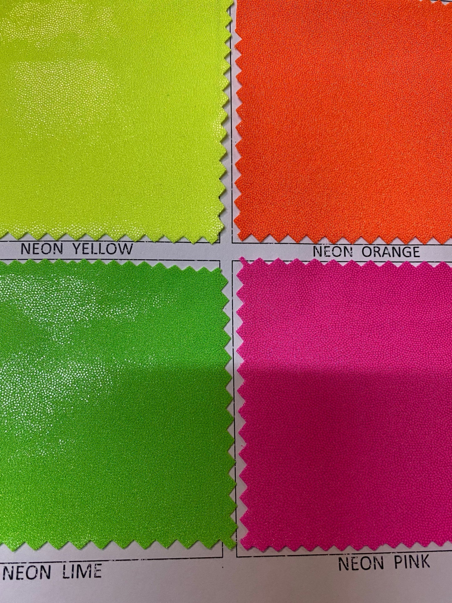 New Neon colors nylon spandex w/foggy foil 4-way stretch 58/60” Sold by the YD. Ships worldwide from Los Angeles California USA.