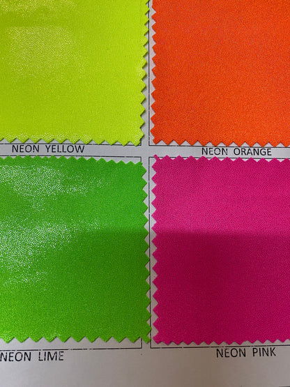 New Neon colors nylon spandex w/foggy foil 4-way stretch 58/60” Sold by the YD. Ships worldwide from Los Angeles California USA.