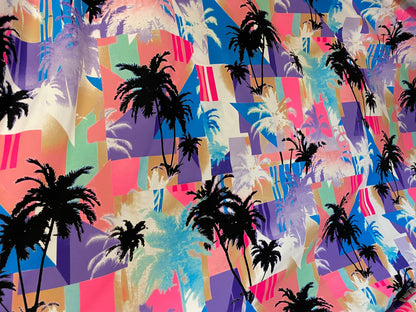 New palms trees design print on nylon spandex 4-way stretch 58/60” Sold by the YD. Ships worldwide from Los Angeles California USA.