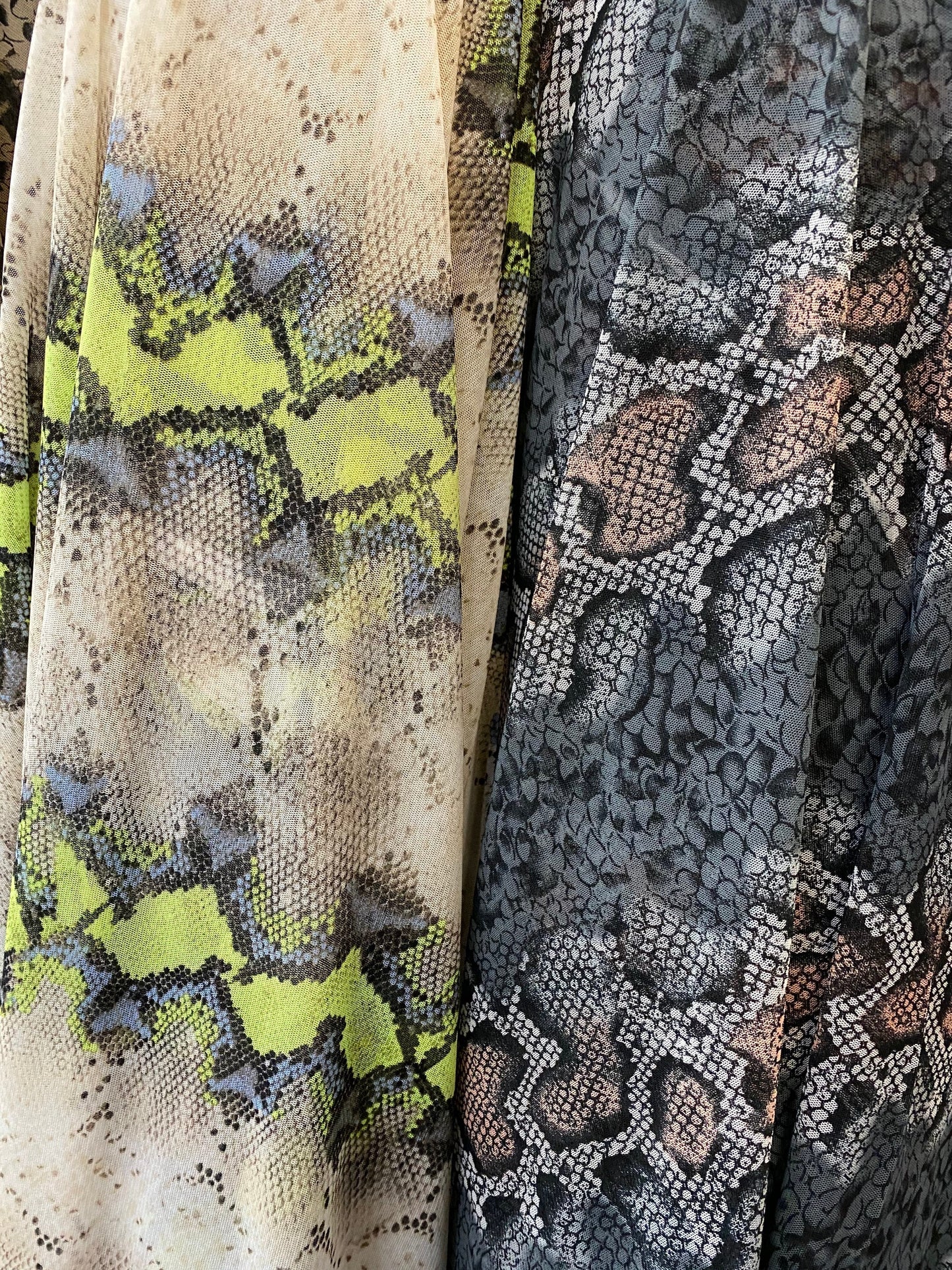 New Exotic snake design power mesh Gray/pink and Nude/green it glows in the dark 4-way Stretch 58/60” Sold by the YD. Ships worldwide