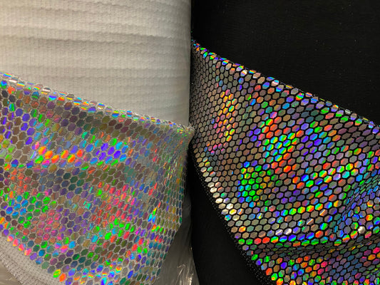 New geometric honeycomb design with flat mirror iridescent sequins all over nylon spandex 2-way stretch 58/60” Sold by the YD.