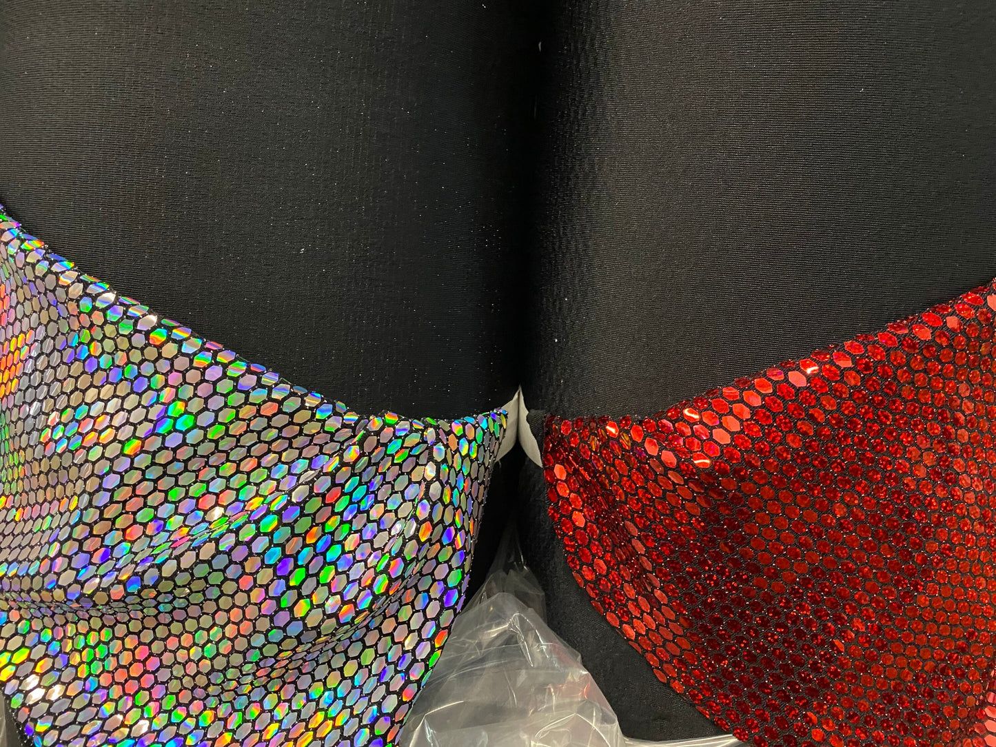 New geometric honeycomb design with flat mirror iridescent sequins all over nylon spandex 2-way stretch 58/60” Sold by the YD.