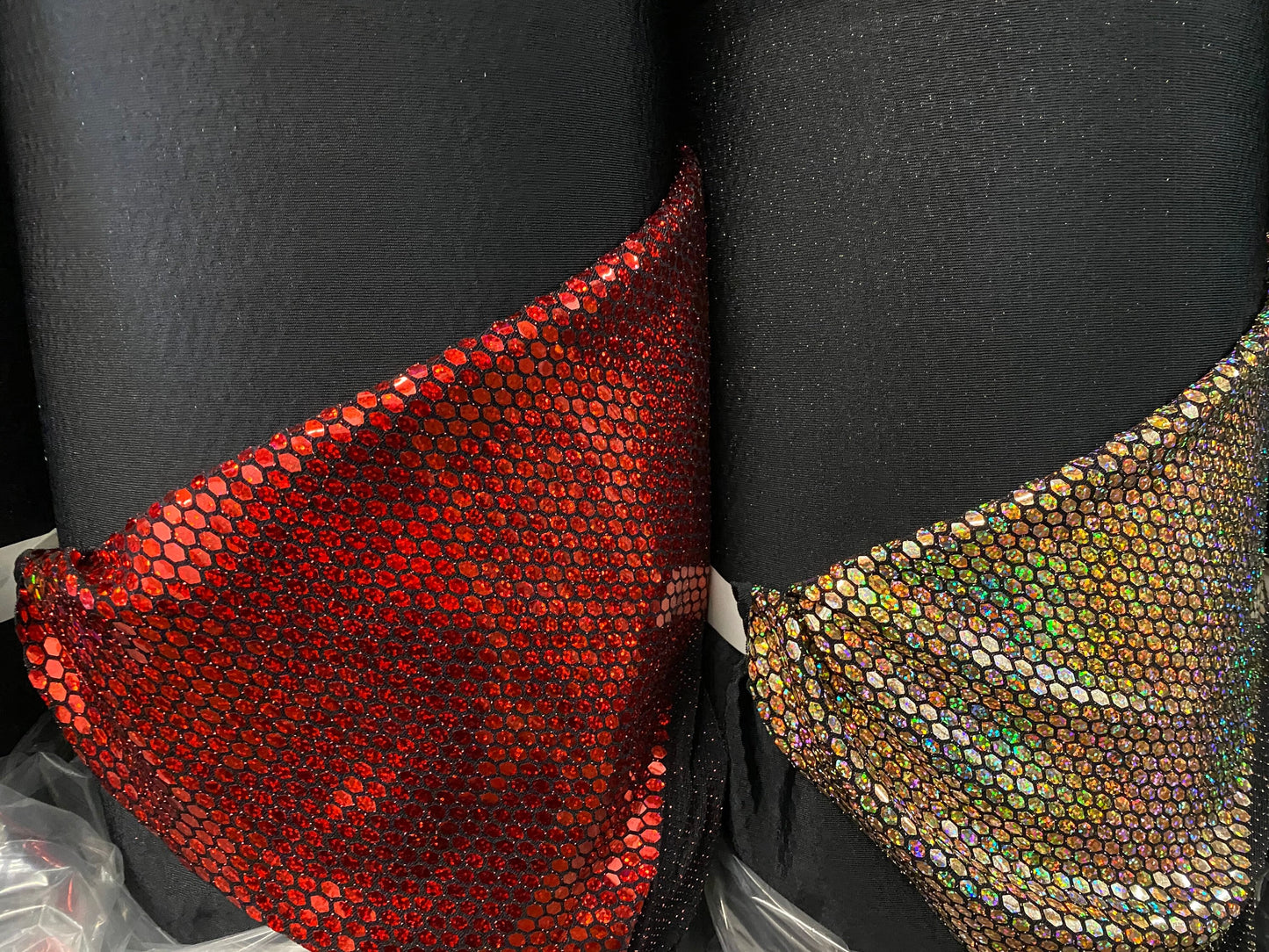 New geometric honeycomb design with flat mirror iridescent sequins all over nylon spandex 2-way stretch 58/60” Sold by the YD.