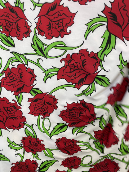 New Red  flower design print on nylon spandex 4-way stretch 58/60” Sold by the YD. Ships worldwide from Los Angeles California USA.