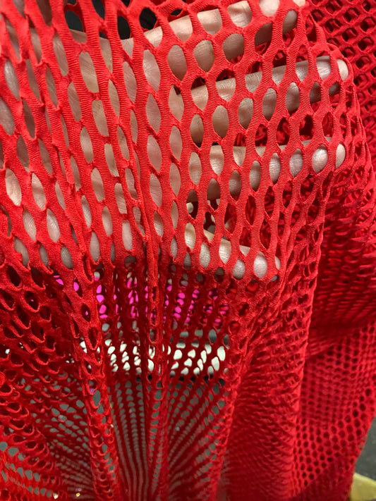 New Red fishnet medium size nylon spandex mesh 4-way 58/60” Sold by the YD. Ships worldwide from Los Angeles California USA.