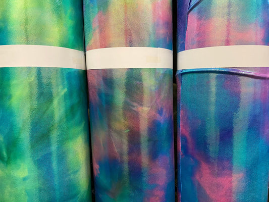 New tie dye foggy foil metallic nylon spandex 4-way stretch 58/60” Sold by the YD. Ships worldwide from Los Angeles California