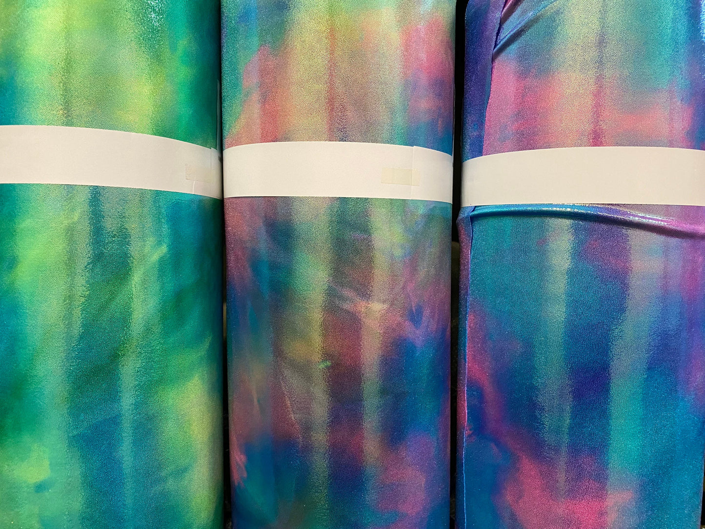 New tie dye foggy foil metallic nylon spandex 4-way stretch 58/60” Sold by the YD. Ships worldwide from Los Angeles California