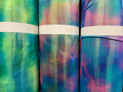 New tie dye foggy foil metallic nylon spandex 4-way stretch 58/60” Sold by the YD. Ships worldwide from Los Angeles California