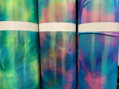 New tie dye foggy foil metallic nylon spandex 4-way stretch 58/60” Sold by the YD. Ships worldwide from Los Angeles California