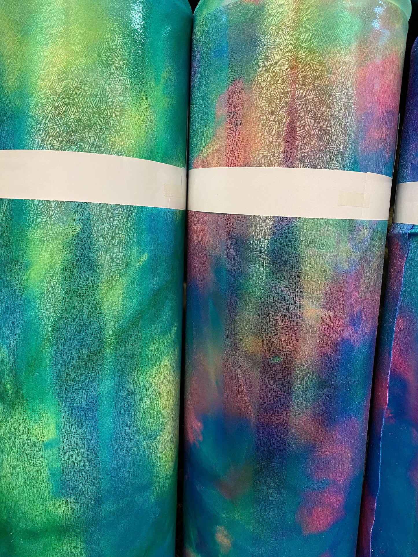 New tie dye foggy foil metallic nylon spandex 4-way stretch 58/60” Sold by the YD. Ships worldwide from Los Angeles California