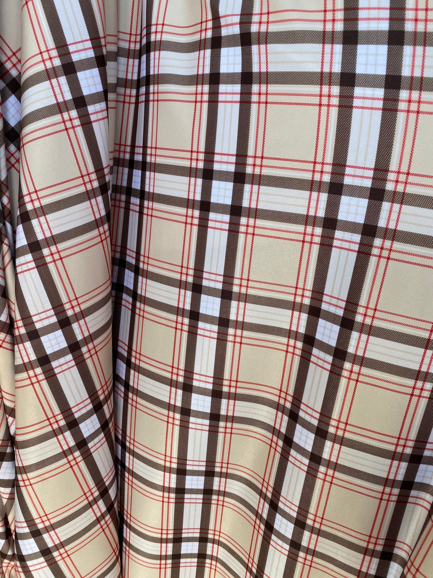 Luxury Brand Taupe plaid design print on poly spandex 4way stretch 58/60” Sold by the YD. Ships worldwide from Los Angeles California USA