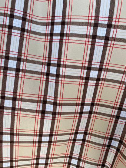 Luxury Brand Taupe plaid design print on poly spandex 4way stretch 58/60” Sold by the YD. Ships worldwide from Los Angeles California USA