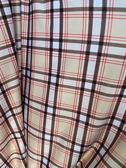 Luxury Brand Taupe plaid design print on poly spandex 4way stretch 58/60” Sold by the YD. Ships worldwide from Los Angeles California USA