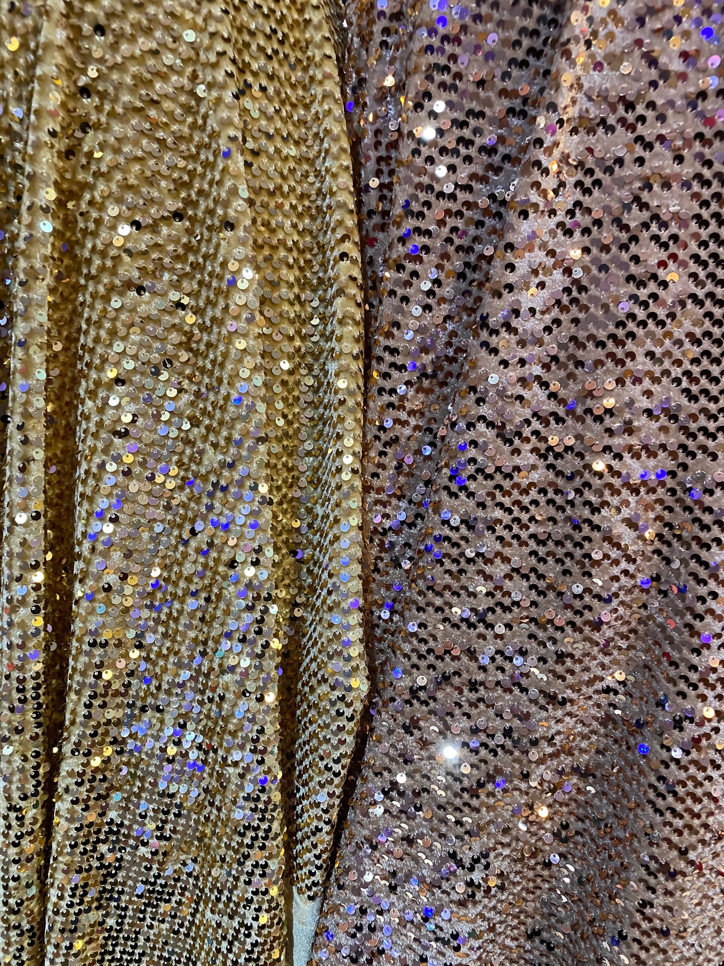 New stretch velvet with hanging sequins all over 2-way stretch 58/60” Sold by the YD. Ships worldwide from Los Angeles California USA.