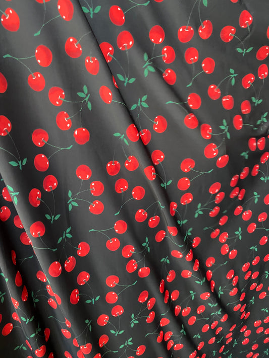 New print nylon spandex cherry design 4-way stretch 58/60” Sold by the YD. Ships worldwide from Los Angeles California USA.