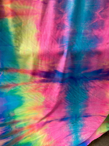 New print nylon spandex tie dye design bright colors 4-way Stretch 58-60” Sold by the YD. Ships worldwide from Los Ángeles California USA.