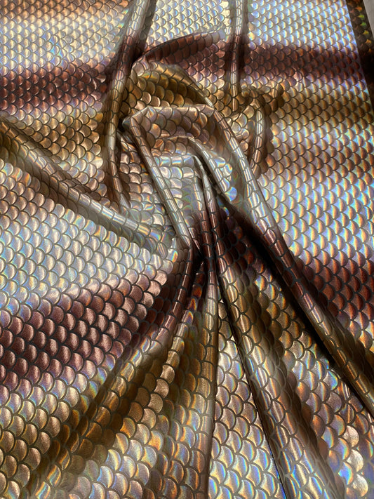 New Rainbow mermaid design brown/silver iridescent metallic nylon spandex 4-way stretch 58/60” Sold by the YD. Ships worldwide from L.A CA.