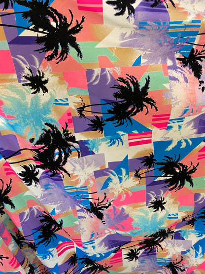 New palms trees design print on nylon spandex 4-way stretch 58/60” Sold by the YD. Ships worldwide from Los Angeles California USA.