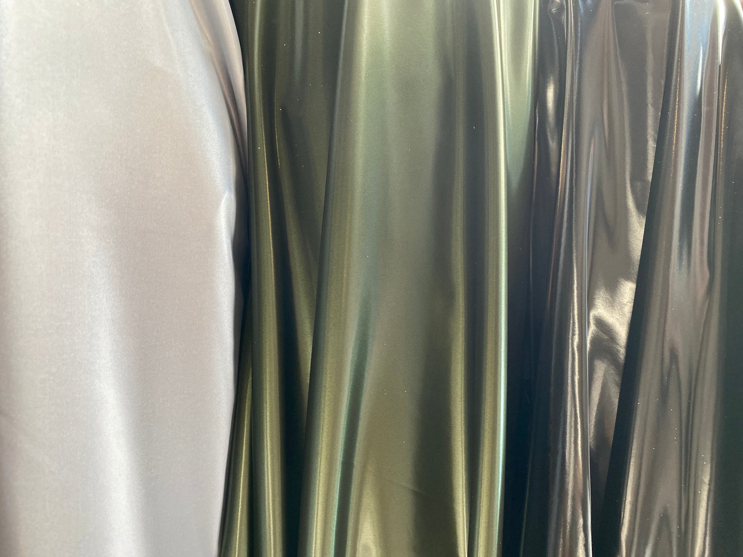 New Iridescent reflectiveTPU vinyl coated 4-way stretch poly spandex 58/60” Sold by the YD. Ships worldwide from Los Angeles California USA.