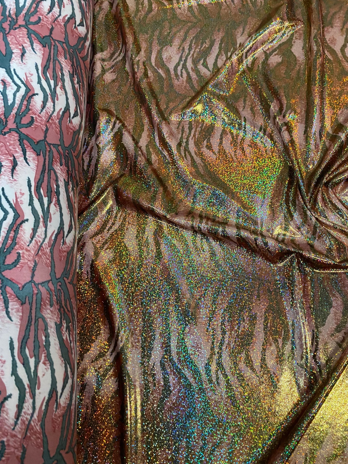 New Tiger design rose gold hologram metallic nylon spandex 4-way stretch 58/60” Sold by the YD. Ships worldwide from Los Angeles California